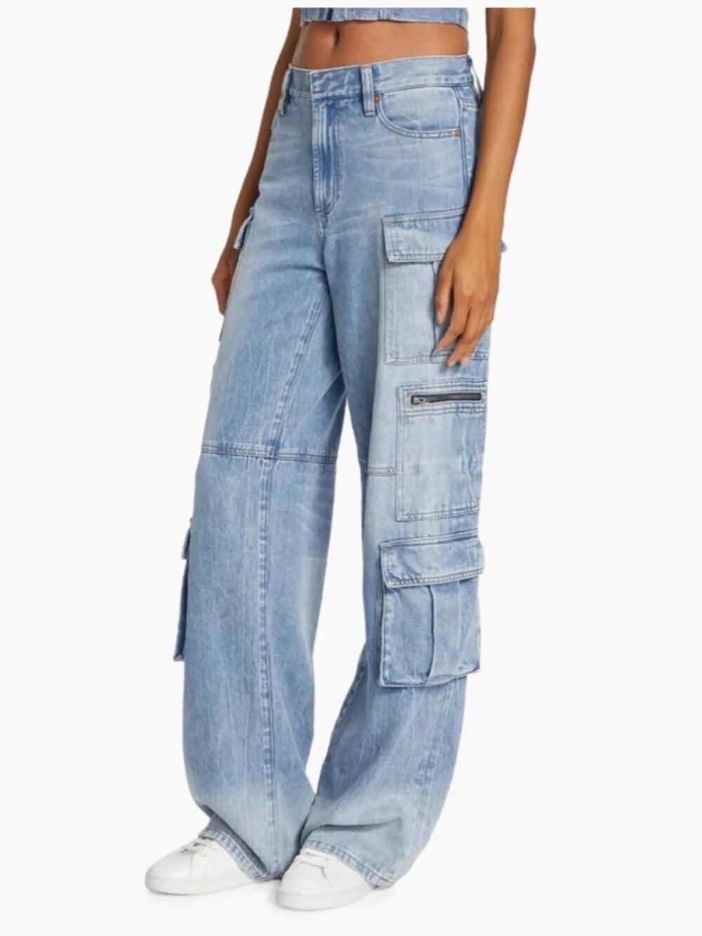 NWT Alice + Olivia Cay Baggy Denim Cargo Jeans in Brea Blue - Size 25 - Picture 2 of 5